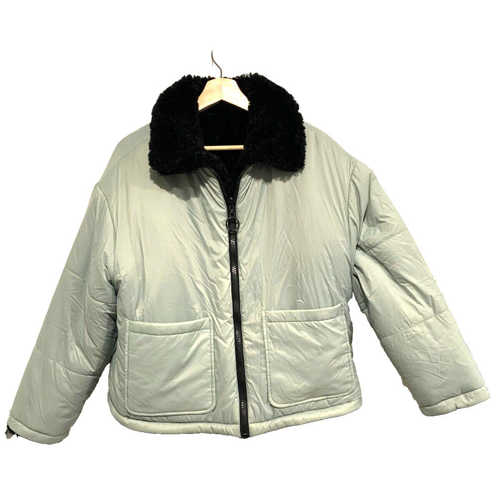 Topshop - reversible light blue puffer, Faux black fur women winter coat size 6